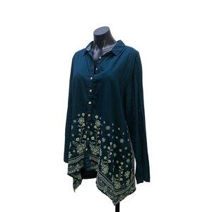 Johnny Was 3J Workshop Teal Embroidered Bls XL
